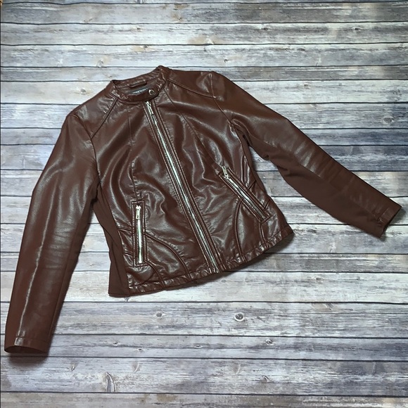 KENNETH COLE Brown Vegan Leather Moto Jacket with Silver Hardware M - Picture 7 of 10